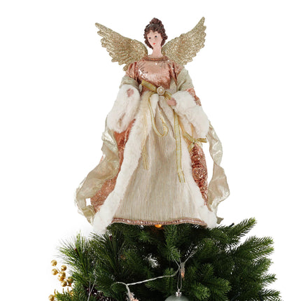iPEGTOP 16 inches Angel Christmas Tree Topper with Glitter Gold Wings in Nude Pink Dress, Unlit Christmas Treetop Flying Angel Winged Diva Fairy Goddess Figurine Ornaments