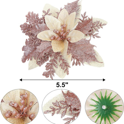 15 Pcs Glitter Poinsettia Artificial Christmas Flowers, Rosegold Decorations for Tree, Wreath, Garland - With Clips and Stems, 5.5 Inch