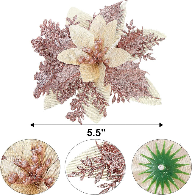 15 Pcs Glitter Poinsettia Artificial Christmas Flowers, Rosegold Decorations for Tree, Wreath, Garland - With Clips and Stems, 5.5 Inch