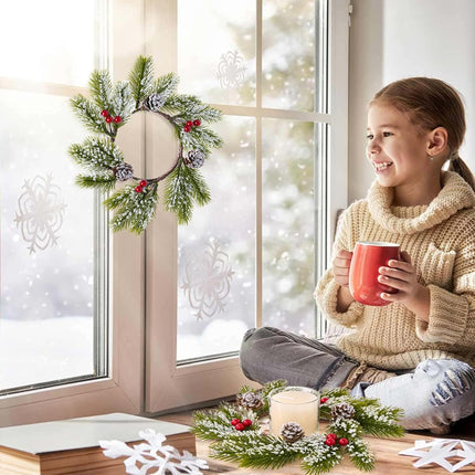 Christmas Candle Rings-4pcs Mini Small Christmas Wreaths for Kitchen Cabinets- Frosted Cedar Christmas Candle Rings Wreaths for Pillars/Window/Chair Wall-Christmas Table Centerpieces Decorations