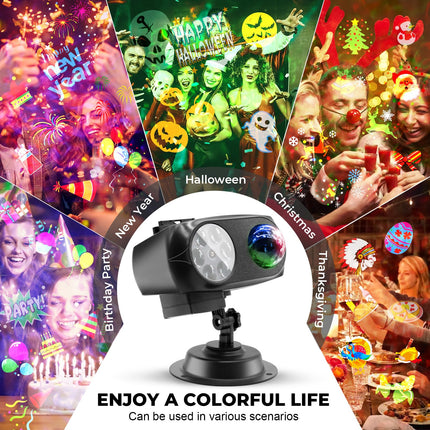 est Designed Halloween Christmas Projector Lights Outdoor Waterproof,15W Brighter HD Ocean Wave Effect,12 Slides 96 No Fade Pictures for Thanksgiving, Year LED Projector Decoration
