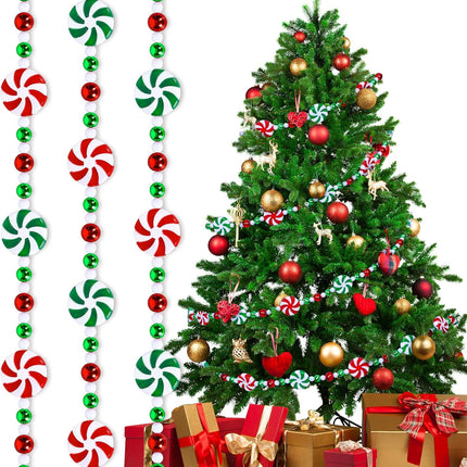 Whaline 9.8Ft Christmas Tree Candy Garland Fake Acrylic Peppermint Candy Christmas Garland Decoration Red White Green Candy Beaded Garland for Christmas Party Supplies Holiday Favors Xmas Home Decor
