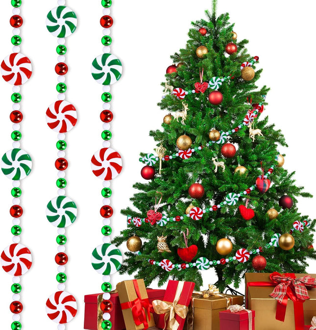 Whaline 9.8Ft Christmas Tree Candy Garland Fake Acrylic Peppermint Candy Christmas Garland Decoration Red White Green Candy Beaded Garland for Christmas Party Supplies Holiday Favors Xmas Home Decor