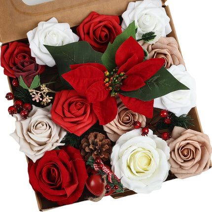Christmas Flowers Artificial Flowers,Red Poinsettias White Rose and Greenery Deluxe Combo Set for DIY Tree Ornaments Xmas Wreath Floral Arrangements Centerpieces