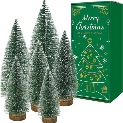 6 Pcs Small Christmas Trees Bottle Brush Christmas Trees Christmas Decorations, Small Christmas Pine Tree with Wooden Base for Christmas Table Decorations (6 Size)