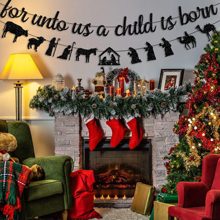 Black Glitter For Unto Us A Child Is Born Banner and Christmas Nativity Scenes Garland Banner Holy Family Xmas Nativity Party Decorations Jesus Manger Scene Religious Christmas Holiday Fireplace Mantle Supplies