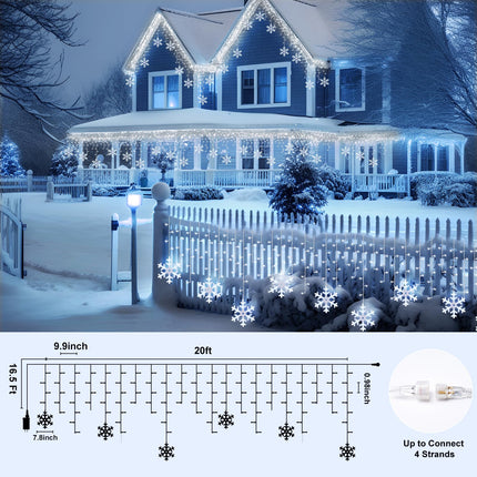 Minetom Snowflake Icicle Lights Outdoor, 20FT 200 LED Icicle Lights with Timer,24 Drops,8 Modes, Connectable Icicle Lights for Outside, Waterproof Icicle Christmas Lights Outdoor Decoration,Pure White
