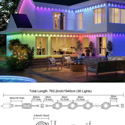 Permanent Outdoor Lights, 63.6ft with 36 RGBIC LED Lights with App Control, Waterproof Permanent Christmas Lights for Outside Roofline Decor, Garden Decor, House,Party, Holiday Xmas Decoration