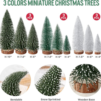 9Pcs Mini Christmas Trees Christmas Decor Artificial Christmas Decorations with 4 Sizes, Christmas Tree Bottle Brush Trees Christmas Table Decorations (Green Silver)