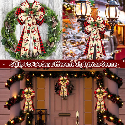 2 Pcs Prelit Christmas Bows Decor with 20 Lights, Santa Bells Black Red Buffalo Plaid Xmas Bows 20" by 11" Christmas Tree Wreaths Garland Bow Battery Powered Christmas Decorations Home Indoor Outdoor