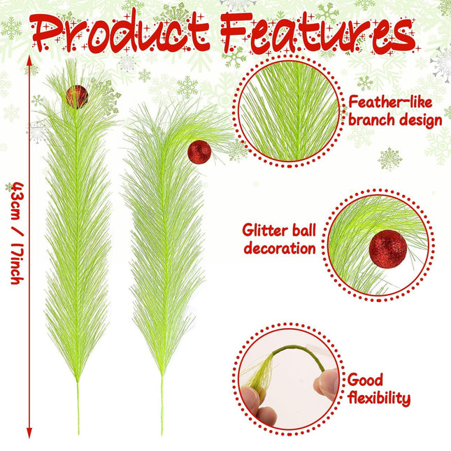 16 Pcs Christmas Tree Topper 17'' Green Pampas Grass Decor With Red Christmas Ball Green Curly Xmas Tree Pick Elf Ornaments Stems for Christmas Tree Topper Home Office Wreath Craft Decorations