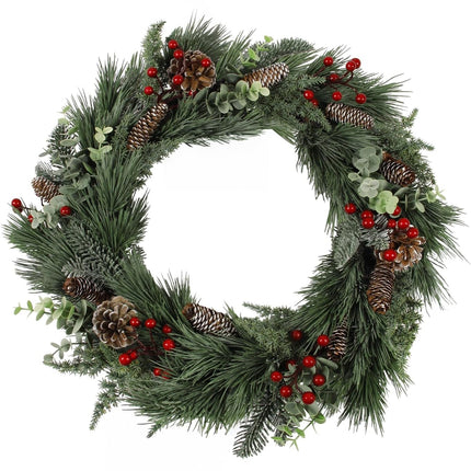 Christmas Wreath 16 Inch, Christmas Door Wreath with Pine Needles, Berry and Eucalyptus, Christmas Wreaths for Front Door Decor for Wall, Window or Mantel