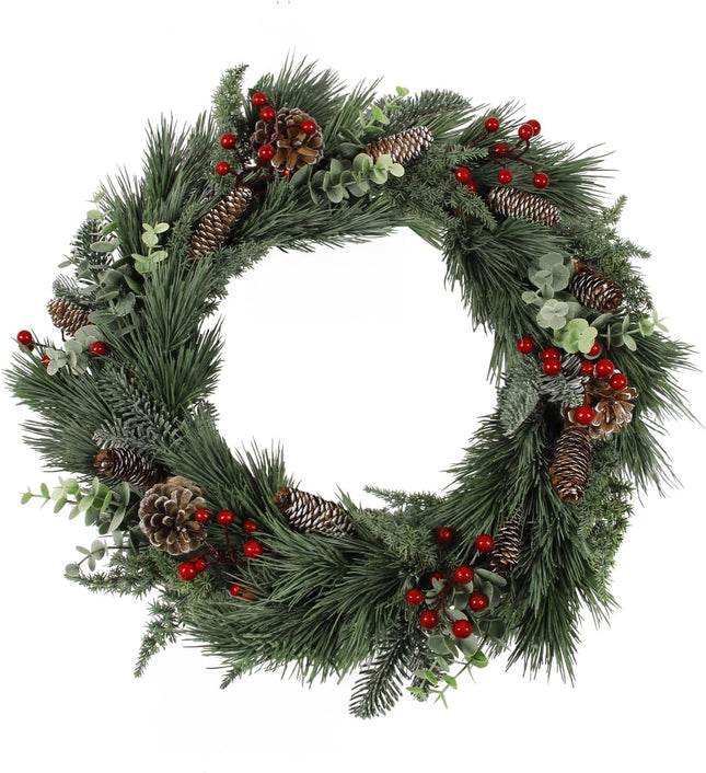 Christmas Wreath 16 Inch, Christmas Door Wreath with Pine Needles, Berry and Eucalyptus, Christmas Wreaths for Front Door Decor for Wall, Window or Mantel