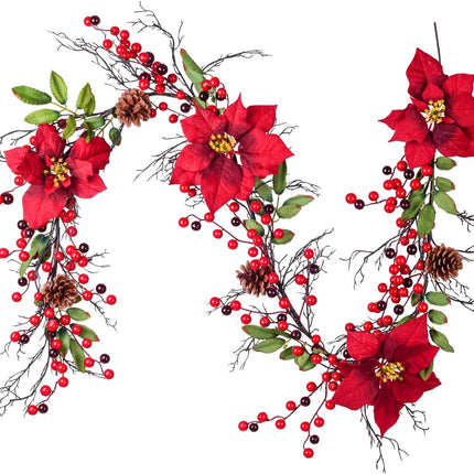 Artiflr Berry Christmas Garland, 5.3 Ft Artificial Poinsettia Garland with Red Berries and Holly Leaves, Pine Cone Garland for Christmas Holiday Party Decorations