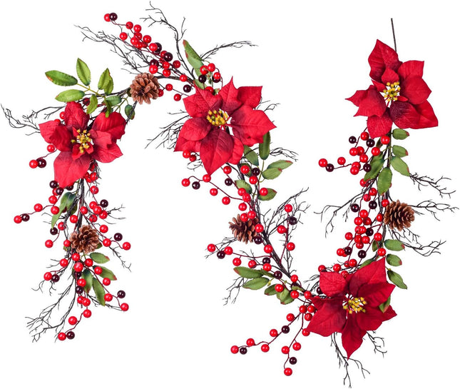 Artiflr Berry Christmas Garland, 5.3 Ft Artificial Poinsettia Garland with Red Berries and Holly Leaves, Pine Cone Garland for Christmas Holiday Party Decorations