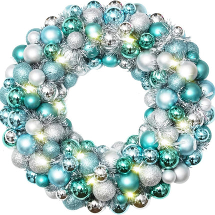 Amooca 16in Christmas Ball Wreath with LED Lights Front Door Window Decorative Hanging Ornaments Table Centerpiece Holiday Party Home Decoration Blue Silver