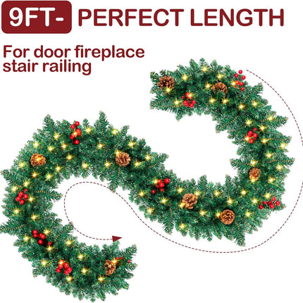 9FT Christmas Garland, Pre-lit Artificial Xmas Garland Decorations Greenery with Berries Cones, Warm White 50 LED Lights, Lighted for Indoor Outdoor Garden Gate Home Winter Holiday Year