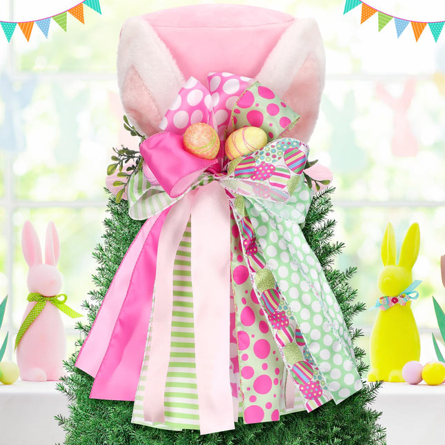 Easter Bunny Tree Topper Hat Decorative Bow with Bunny Ears Easter Trees Topper Decorations Ornaments 12x8 in Decorative Tree Ornaments for Spring Outdoor Home Indoor Decoration Party Supplies