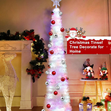 5 Ft Pop Up Christmas Tree with Timer Dual Color Change 8 Mode, 1 Minute Christmas Tree 50 Warm White & Colorful Light 3D Star 25 Ball Ornament Battery Operated Slim Tinsel White Xmas Tree Indoor