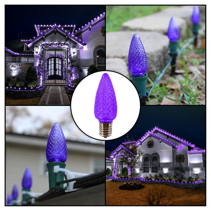 C9 LED Bulb (Pack of 25) LED Purple Replacement Christmas Light Bulbs Faceted Retrofit Candle Shape Commercial Grade E17 Socket Roof Lights Bulbs