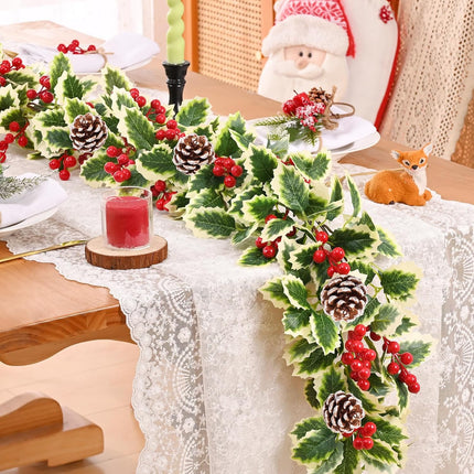 Christmas Garland, 2Pcs Red Berry Garland with Pine Cones, Green Garland Christmas Decorations Indoor, Christmas Tree Garland for Mantle Holly Outdoor Home Table Year Decor