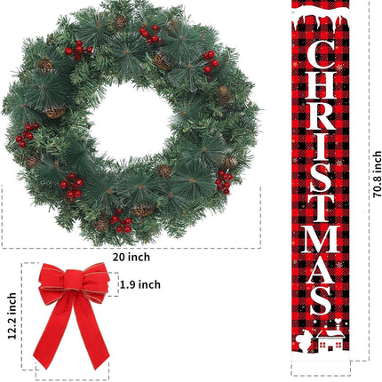Outdoor Christmas Wreath for Front Door, Christmas Wreaths 20in Indoor Christmas Wreath, PVC Tips, Bow Ribbon, Christmas Door Banner