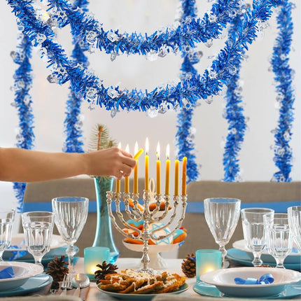 33ft Hanukkah Tinsel Garland, Blue Silver Metallic Twisted Tinsel Garland with Dreidel Star of David Hanging Garland Decoration for Chanukah Party Tree Fireplace Mantle Home Party Decor