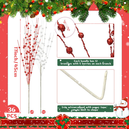 Yilloog 36 Pcs Christmas Artificial Glitter Berry Tree Picks Decorative Bead Sticks for Vase Decor Glitter Berry Stems Branches for Xmas Tree DIY Crafts Holiday Wedding Party, 17 Inch(Red, White)
