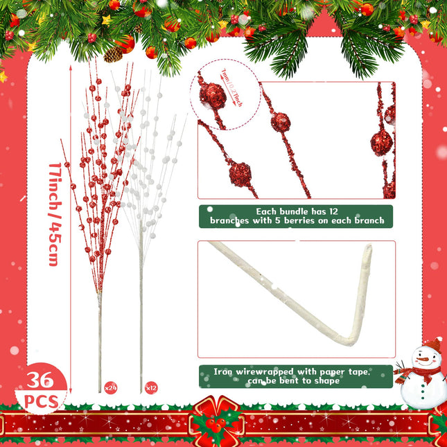 Yilloog 36 Pcs Christmas Artificial Glitter Berry Tree Picks Decorative Bead Sticks for Vase Decor Glitter Berry Stems Branches for Xmas Tree DIY Crafts Holiday Wedding Party, 17 Inch(Red, White)