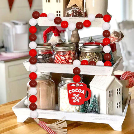Hot Cocoa Wood Bead Garland Decorations Farmhouse Christmas Holiday Tiered Tray Decor Hot Chocolate Marshmallow Rustic Wooden Beads with Red Plaid Tassels Winter Year Ornaments
