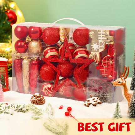 100 Pcs Christmas Tree Ornaments Set, Red Gold Christmas Ball Ornaments Shatterproof Christmas Tree Decorations with Ribbon Star Toppers Hanging Holiday Home Party Decor