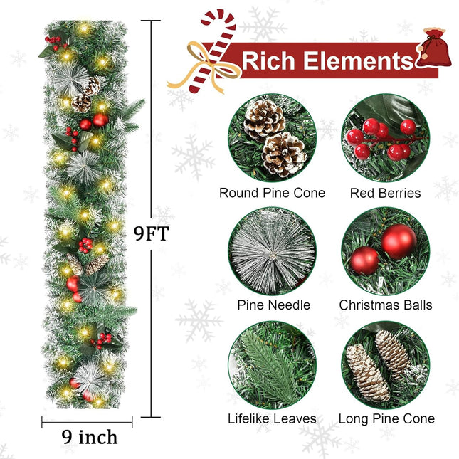 TechKen 9 FT Christmas Garland with Lights, Artificial Prelit Pine Cones Garland with Red Berries Indoor Outdoor for Christmas Stairs Railing Fireplace Front Door Decor