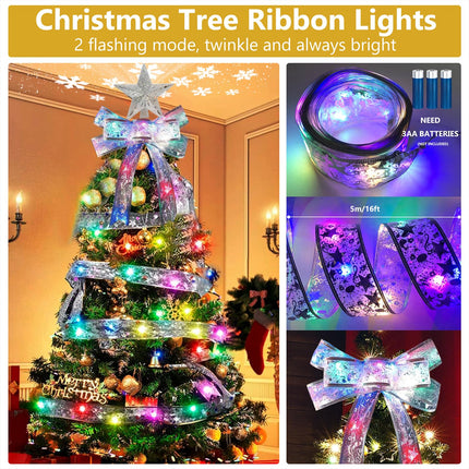Christmas Tree Topper Star Lighted with 6 Projection Modes, LED Christmas Ribbon Lights with Built-in Rotating LED Dynamic Projector, 3D Glitter Hollow Star Tree Topper Starry Night Light, Silver