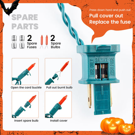 Orange Halloween Tree Lights with Green Wire,13ft 50 Incandescent Bulb Waterproof Fairy Lights，Plug in Mini String Lights for Christmas, Patio, Holiday, Party, Home, Indoor Outdoor Decor