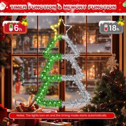 LED Christmas Decorations Lights, Green Lighted Christmas Tree with Silver Tinsel and Warm White Star Topper, Battery Operated Hanging Lights for Indoor Outdoor, Window Wall Door Home Decor