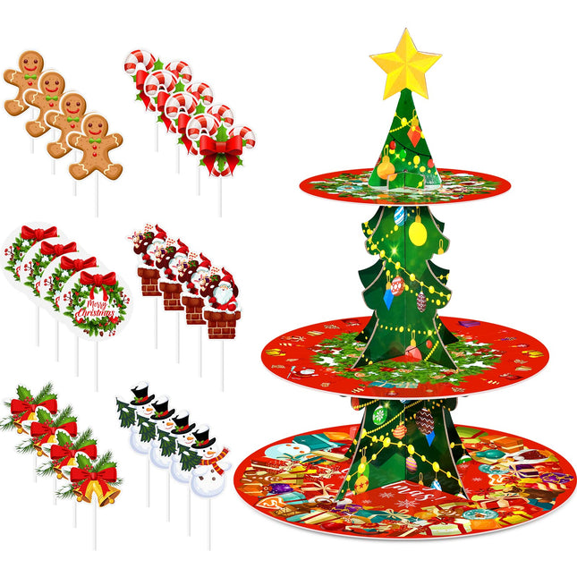 Christmas Cake Stand 3 Tier Christmas Dessert Stand Holder with 24 Pcs Cake Toppers Xmas Cake Tower Tray Cardboard Pastry Serving Tray Stand for Xmas Year Party Decoration Supplies