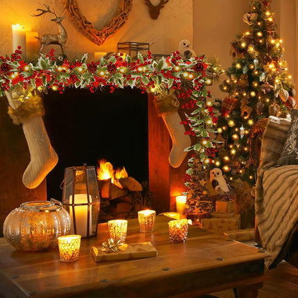 Sggvecsy Christmas Garland Red Berry Garland with Red Berries Lighted Holly Leaves Garlands Artificial Christmas Green Leaves Garland Battery Operated for Xmas Indoor Home Winter Holiday Decoration
