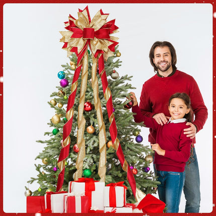 Christmas Tree Topper Bow with Streamers, 53x13 Inches Xmas Large Topper Bow Red Velvet Bows with Glitter Powder for Xmas Ornament Indoor/Outdoor Decor