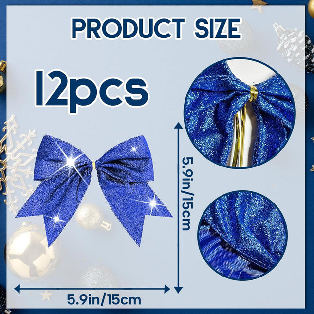 12PCS Christmas Bows for Wreath,Glitter Blue Velvet Wreath Bow for Christmas Décor Winter Bow for Front Door Indoor Outdoor Wall Tree Topper Decoration Supplies Xmas Ornament