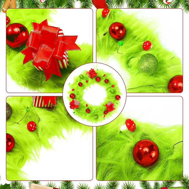 Lyrow Christmas Wreath Green Elf Wreath 20 Inch Lime Green Plush Xmas Door Wreath Elf Wreath Winter Wreath with Mini Christmas Balls, Boxes for Front Door Wall Window Fireplace Door Tree Decor
