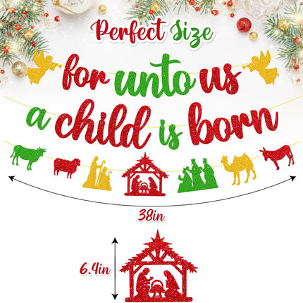 Merry Christmas Decoration For Unto Us A Child is Born Sign Banner Nativity Garland Decor Let Jesus Light Yours Way God Xmas Bible Religious Holiday Year theme Party Event Anniversary Celebration