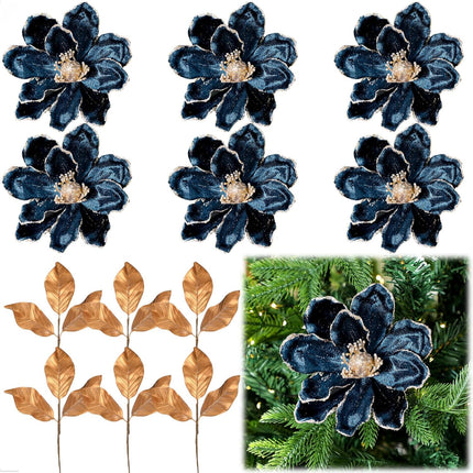 12 Pcs Christmas Glitter Artificial Flower Set 6 Magnolia Flower 6 Magnolia Leaves Picks Christmas Tree Wreath Decor Artificial Floral Ornaments for Xmas Party Holiday (Peacock Blue)