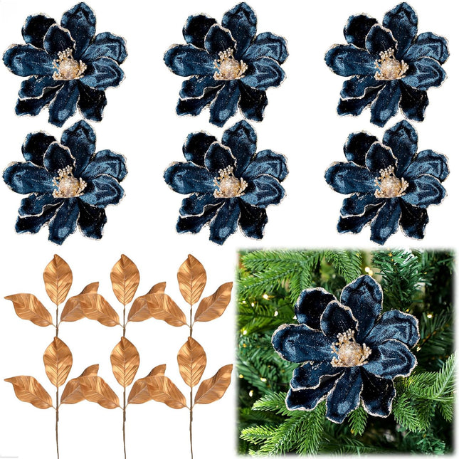 12 Pcs Christmas Glitter Artificial Flower Set 6 Magnolia Flower 6 Magnolia Leaves Picks Christmas Tree Wreath Decor Artificial Floral Ornaments for Xmas Party Holiday (Peacock Blue)