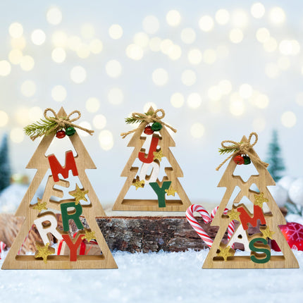 3 Christmas Trees Wooden Table Decorations Centerpiece Block Holiday Cut Out Tree Tiered Tray Wood Tabletop Sign Decor 3 Sizes for Office Dining Room Mantle Home Xmas Wood Party Supplies