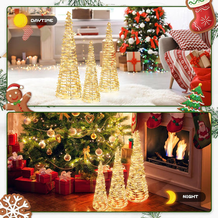 Set of 3 Christmas Cone Tree Lighted, Outdoor Small Artificial Christmas Tree with 70 LED Light, Glittered Tabletop Xmas Tree for Indoor Ornaments