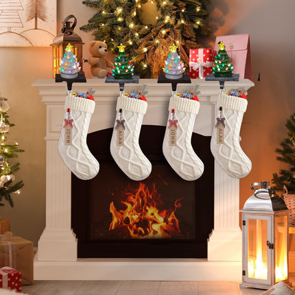 Christmas Ceramic Tree Stocking Holders with LED Lights - 4 Pack Green and White Christmas Tree Stocking Hangers for Mantle, Fireplace, Window Decoration