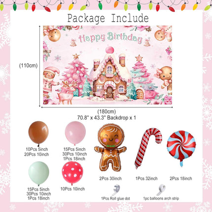 Lofaris Christmas Gingerbread House Happy Birthday Party Decorations 140pcs Gingerbread Balloon Arch Garland Kit Winter Merry Xmas Pink Bday Snowflake Candyland Banner Backdrop