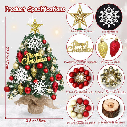 24Inch Mini Table Top Christmas Tree with 30LED Lights Small Christmas Tree with Star Treetop Snowflakes and 30 Ball Ornaments Prelit Desk Christmas Tree for DIY Xmas Tree Christmas Decor