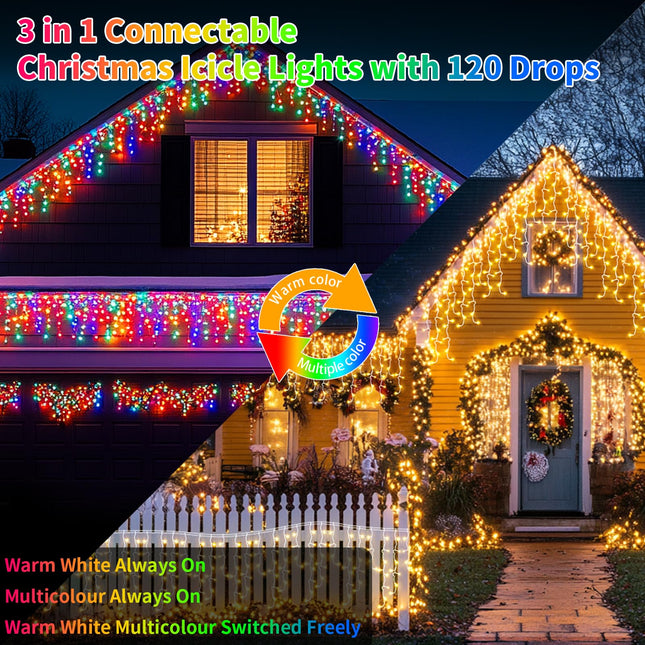 Solar Icicle Christmas Lights Outdoor 60+16Ft 600 LED Icicle Lights for Outside with 120 Drops 8 Modes Remote Dimmable Connectable Icicle Fairy Lights for Xmas Yard Eaves Balcony House Decorations