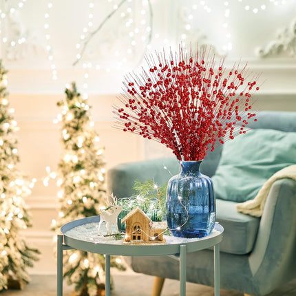 Sggvecsy 15 Pack Artificial Glitter Berry Stem Ornaments 17 Inches Fake Christmas Picks Decorative Glitter Sticks for Christmas Tree DIY Wreath Crafts Fireplace Holiday Home Decor (Red)